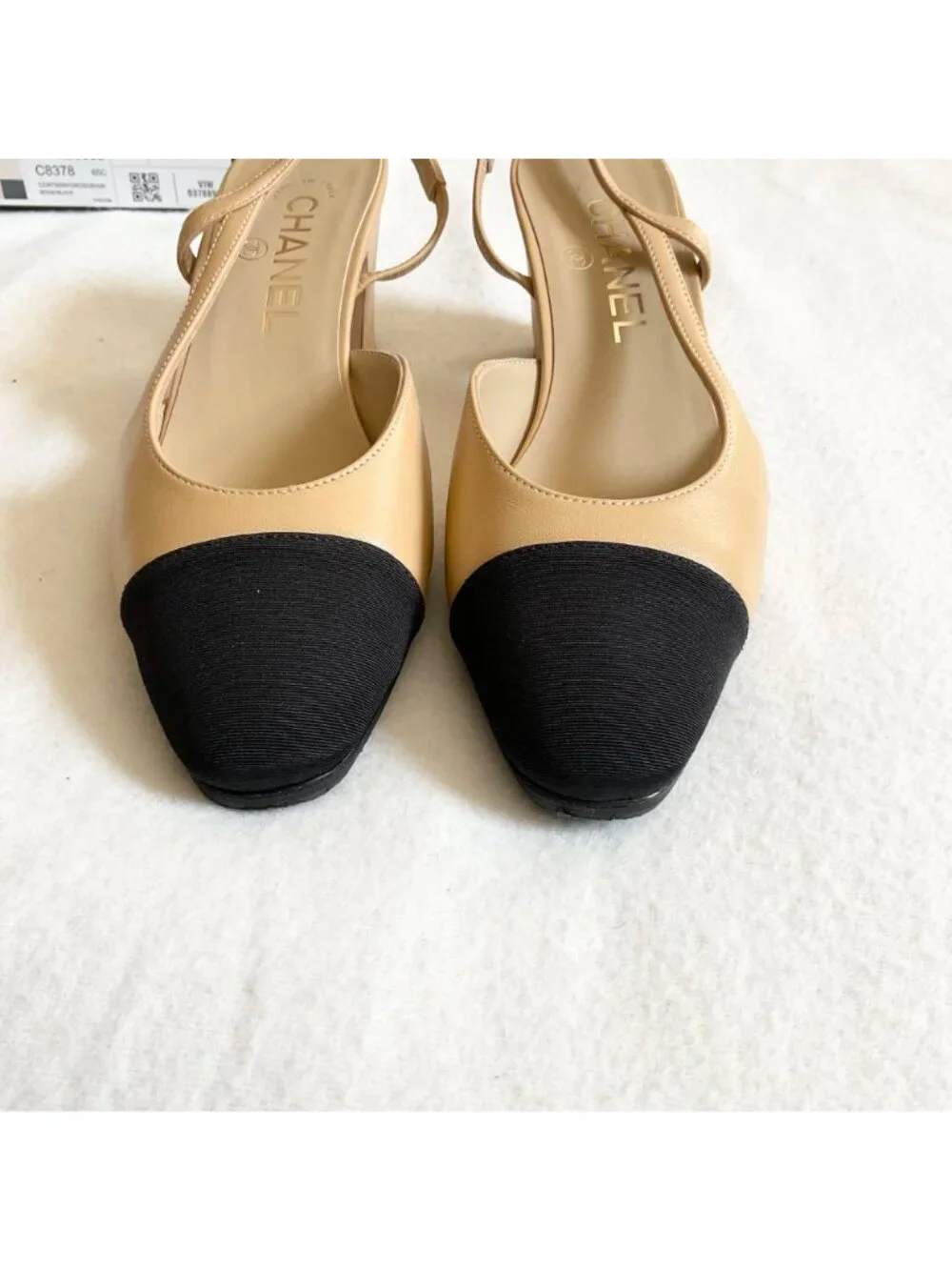 Like NU CHANEL Interlocking BLK beige Leather Slingback Pumps heels36 US5.5